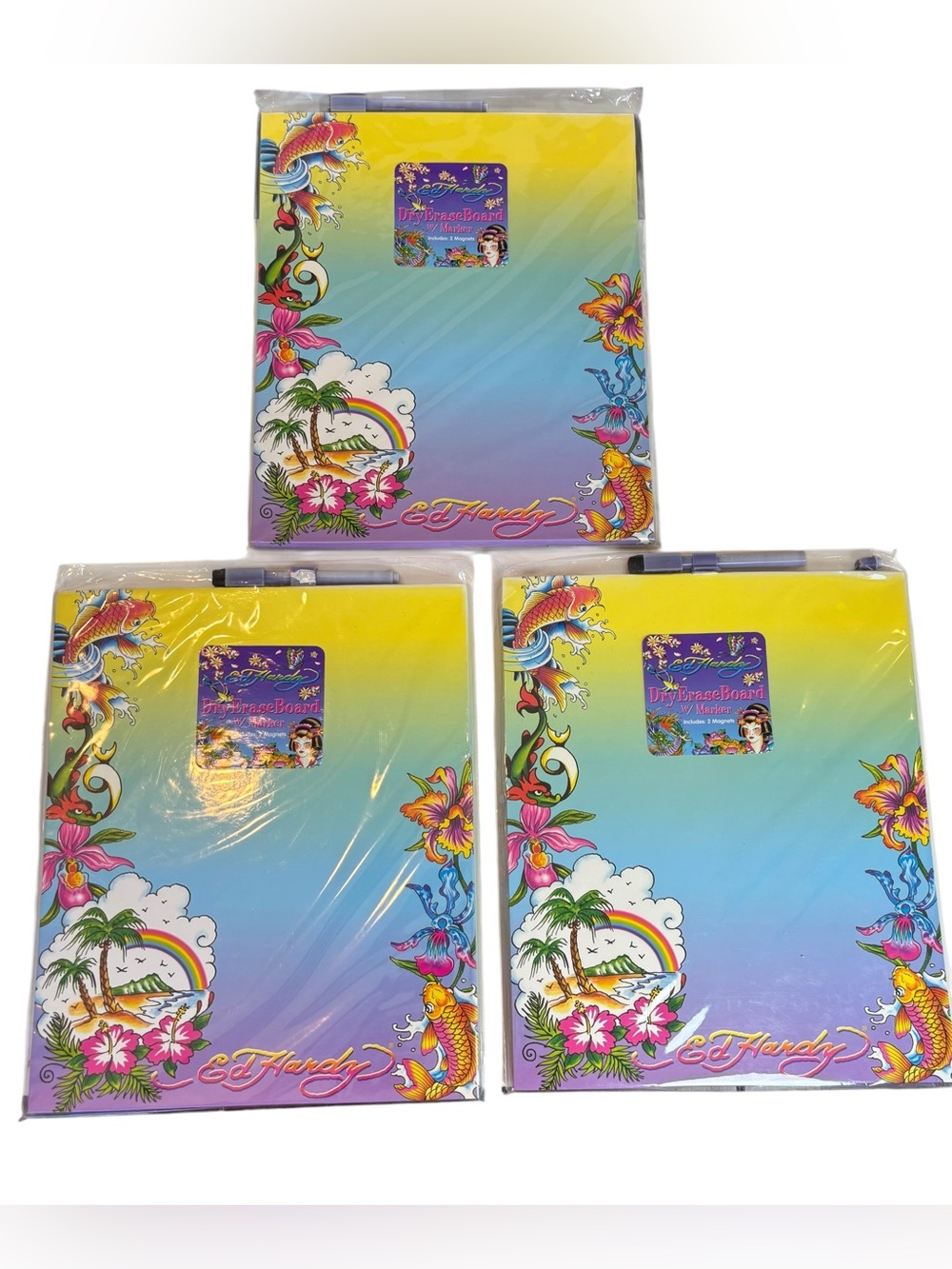 Lot of 3 NEW Ed Hardy Tropical Island Koi Dry Erase Boards Marker Magnets Sealed